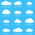 Cloud icon set. Different clouds with drops isolated on the blue sky background. Rain symbol. Vector illustration. Royalty Free Stock Photo